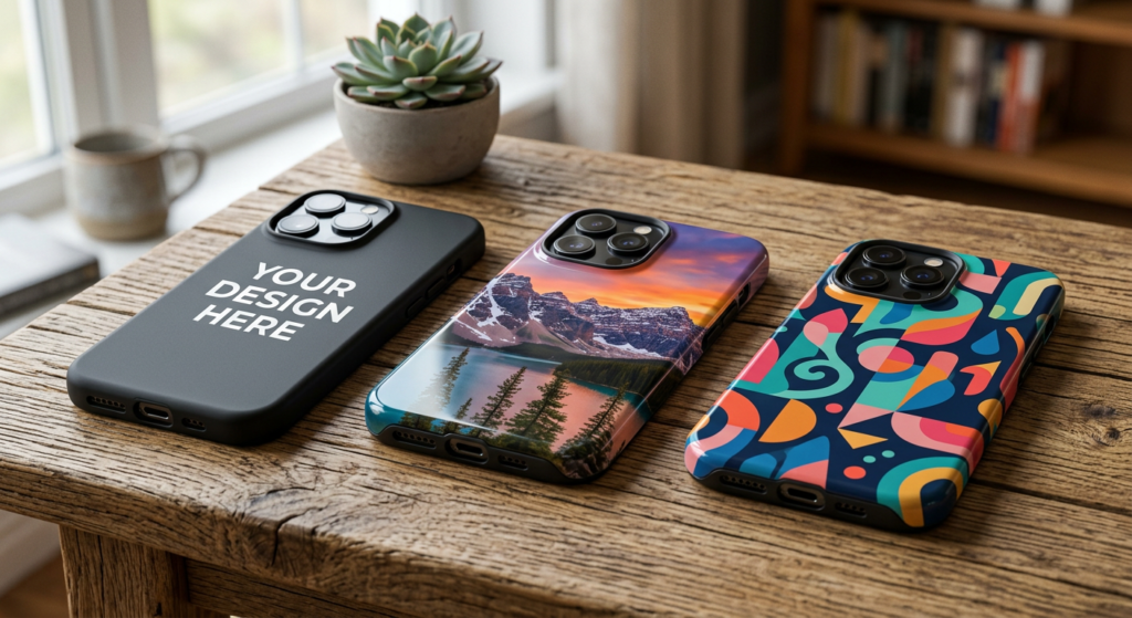 firefly gemini flash ultra realistic 4k image of three modern smartphone cases on a wooden table, one with 805202